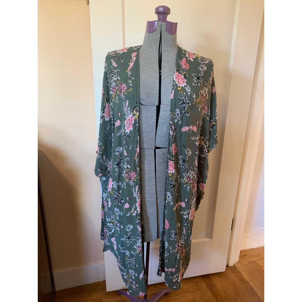 Angie Womens Green Floral Open Front Kimono‎ Cardigan Wrap Large